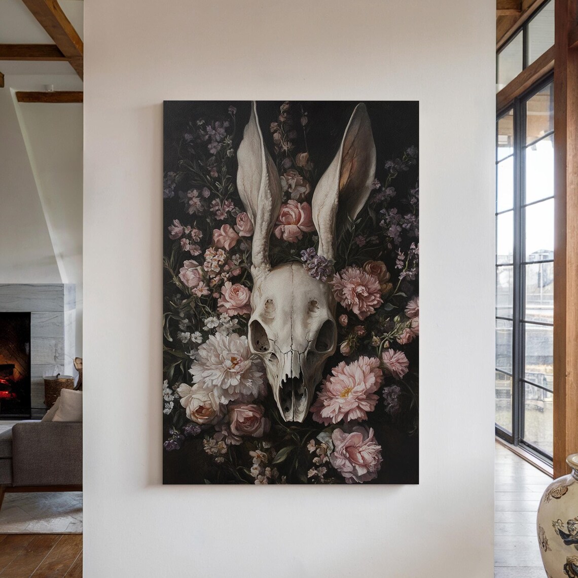 Gothic Rabbit Skull Pink Florals Dark Botanical Macabre Elegant Wall Poster - Image 4