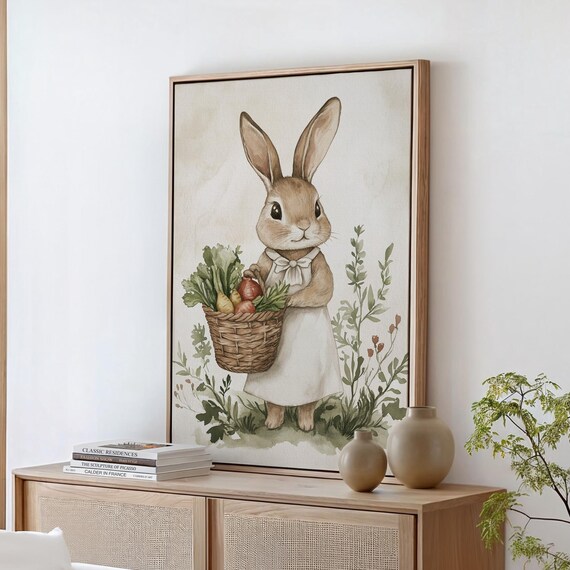 Whimsical Watercolor Bunny Carrying A Basket Of Fresh Garden Vegetables In A Lush Countryside Setting