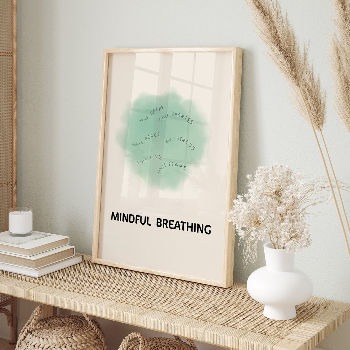 Mindful Breathing Inhale Exhale Calm Green Watercolor Therapy Poster - Image 2