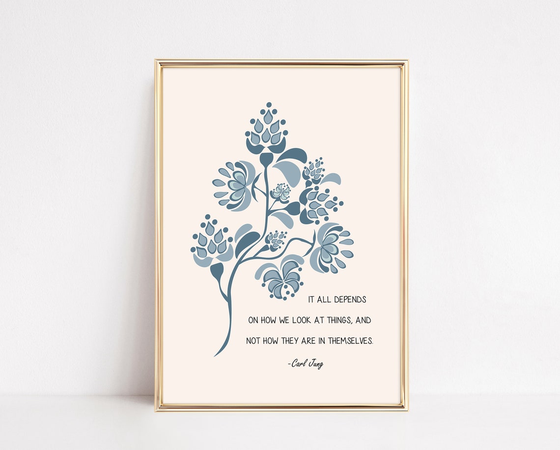 Carl Jung It All Depends How We Look At Things Blue Folk Floral Poster