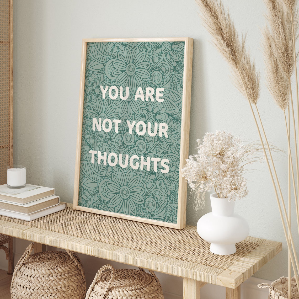 You Are Not Your Thoughts Green Floral Mandala Mindfulness Poster - Image 2