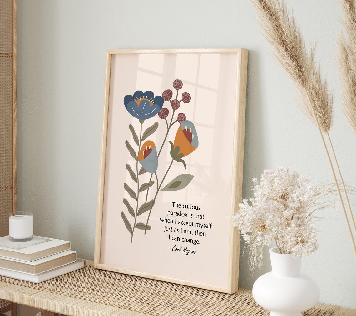 Carl Rogers Curious Paradox Accept Myself Quote Floral Therapy Poster - Image 3