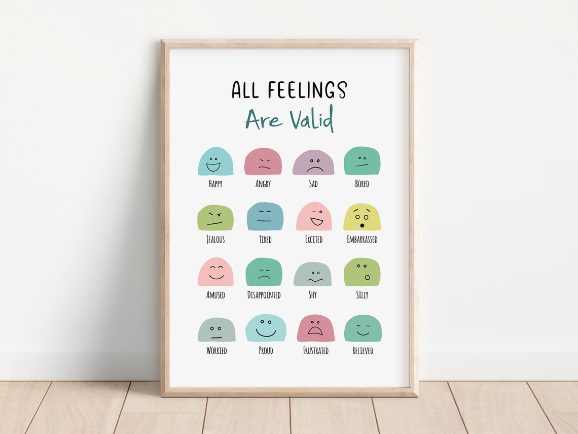All Feelings Are Valid Faces Emotions Chart Kids Therapy Poster