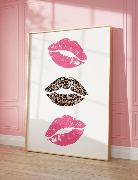 Kiss Lips Wall Art Leopard Pink Kisses Print Retro Poster Trendy Girly Preppy Dorm Room Decor
