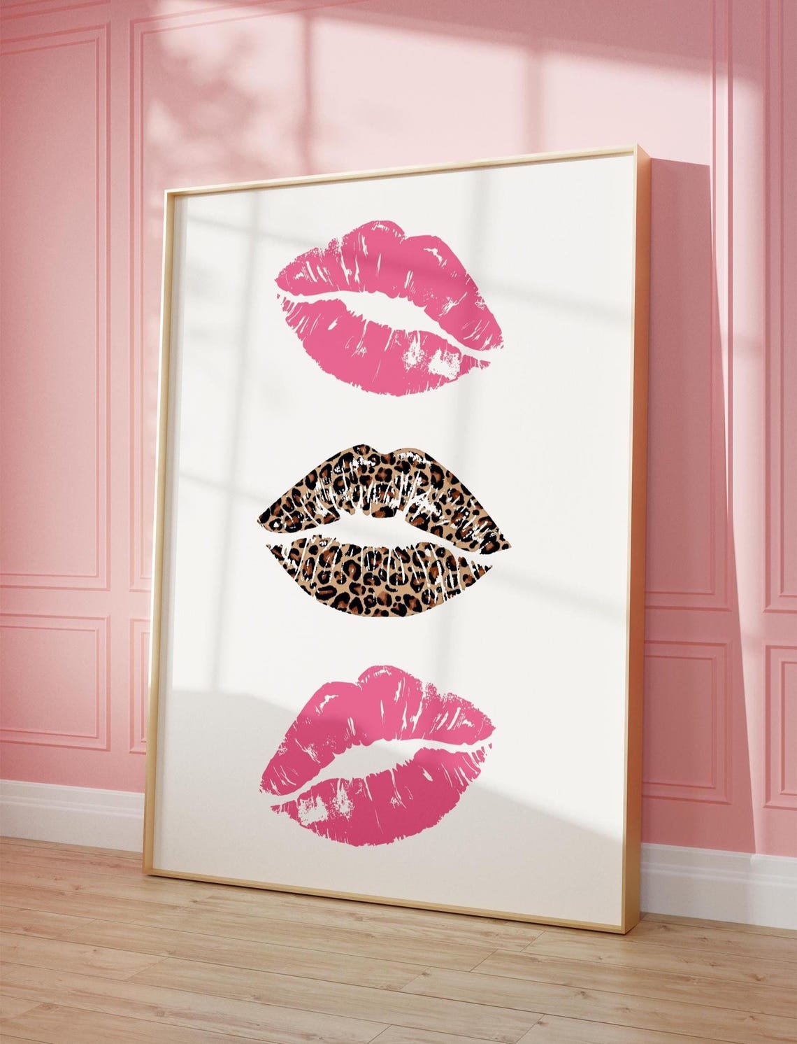 Pink And Leopard Kiss Lips Trendy Retro Girly Dorm Room Wall Art