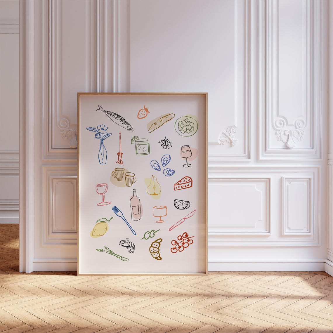 Retro Dinner Table Food Drinks Line Illustration Kitchen Bar Poster