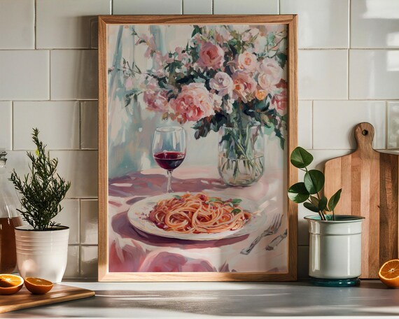 Spaghetti Wine Glass Roses Watercolor Italian Kitchen Table Poster