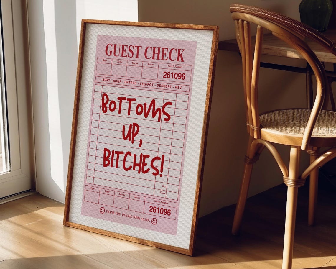 Bottoms Up Pink Guest Check Retro Quote Bar Cart Decor Poster - Image 7