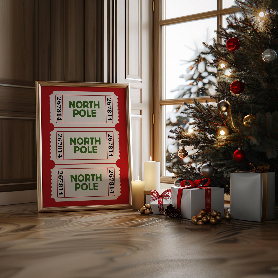 North Pole Ticket Art Print, Red Christmas Decor - Image 3