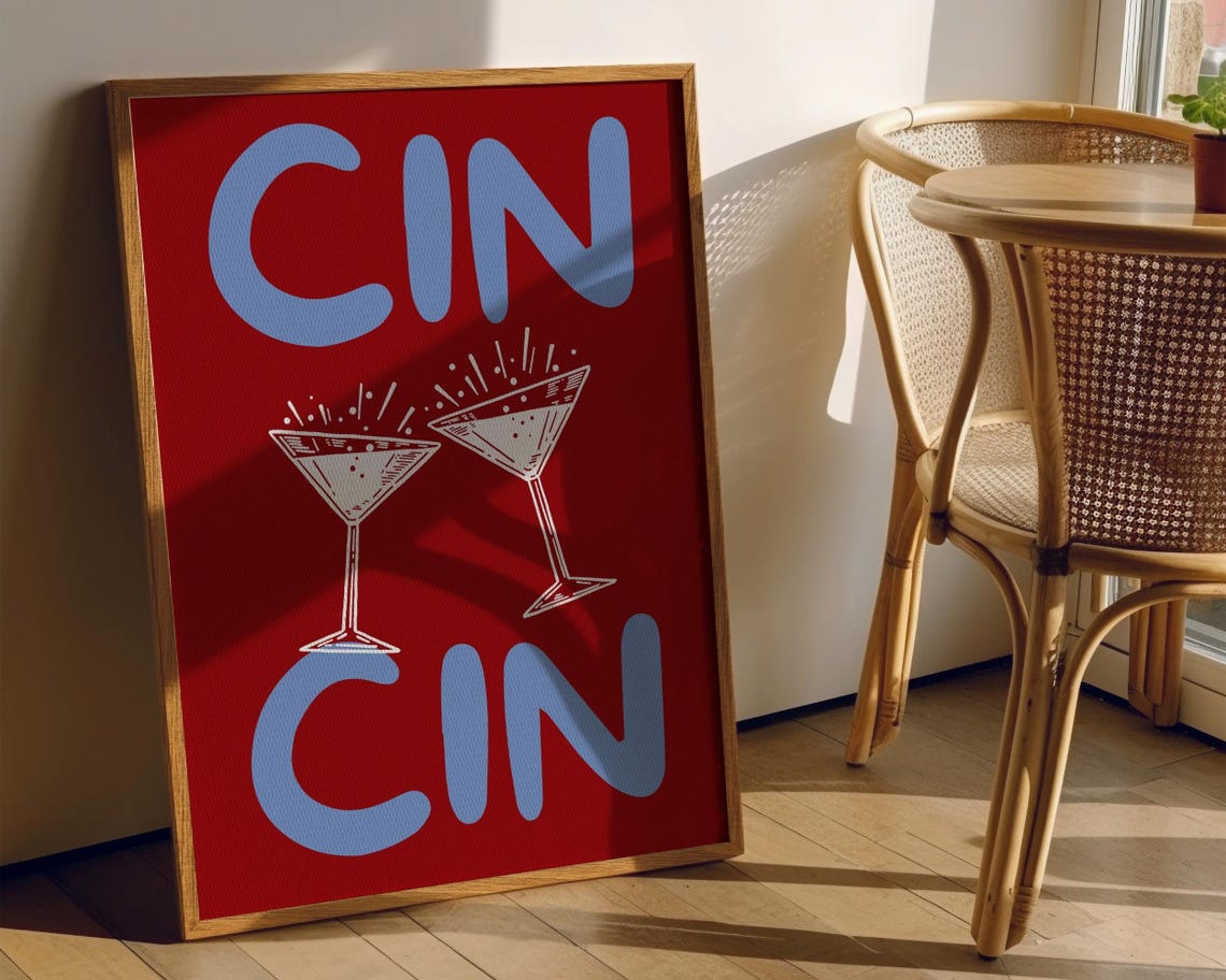 Cin Cin Red Martini Glasses Bold Retro Cocktail Bar Art Poster - Image 4