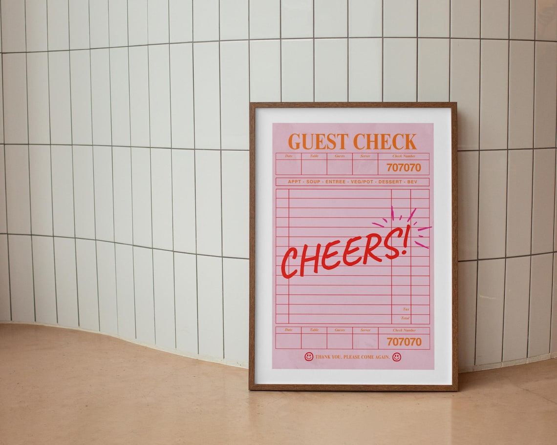 Cheers Guest Check Pink Retro Bar Cart Decor Trendy Party Quote Poster - Image 3