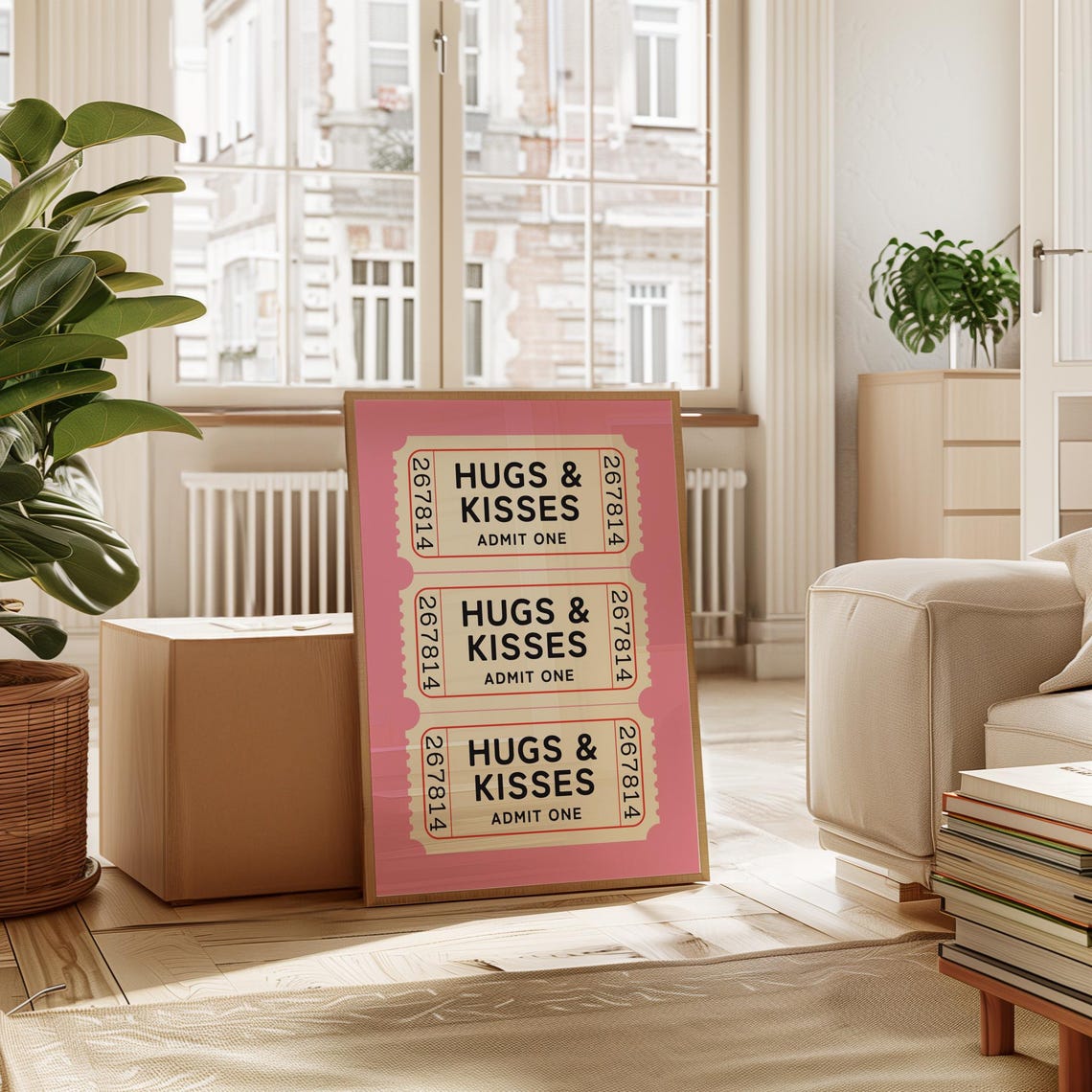 Hugs And Kisses Admit One Pink Ticket Stub Trio Cute Love Poster - Image 4