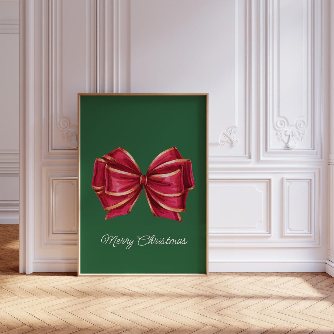 Merry Christmas Red Gold Bow Green Background Holiday Poster - Image 6