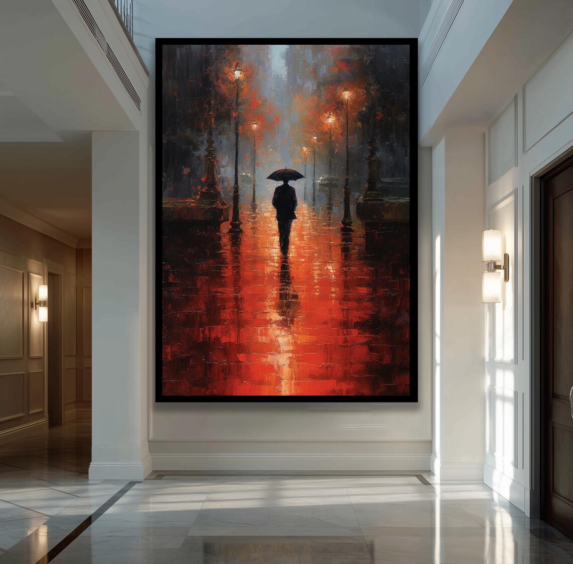 Lonely Man With Umbrella, Abstract Cityscape Art Print