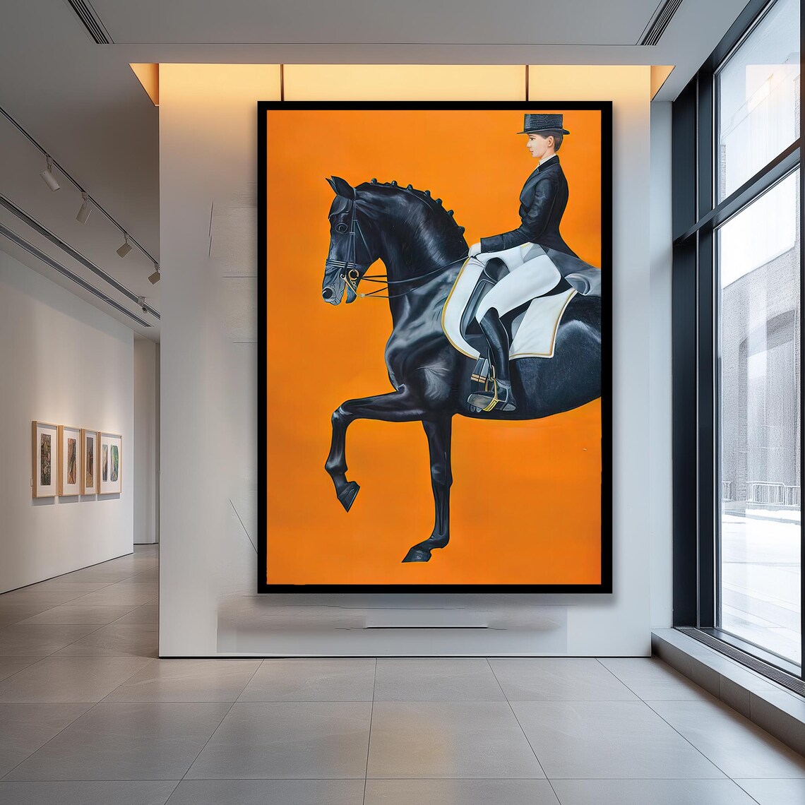 Black Horse Dressage Rider Bold Orange Equestrian Portrait Poster