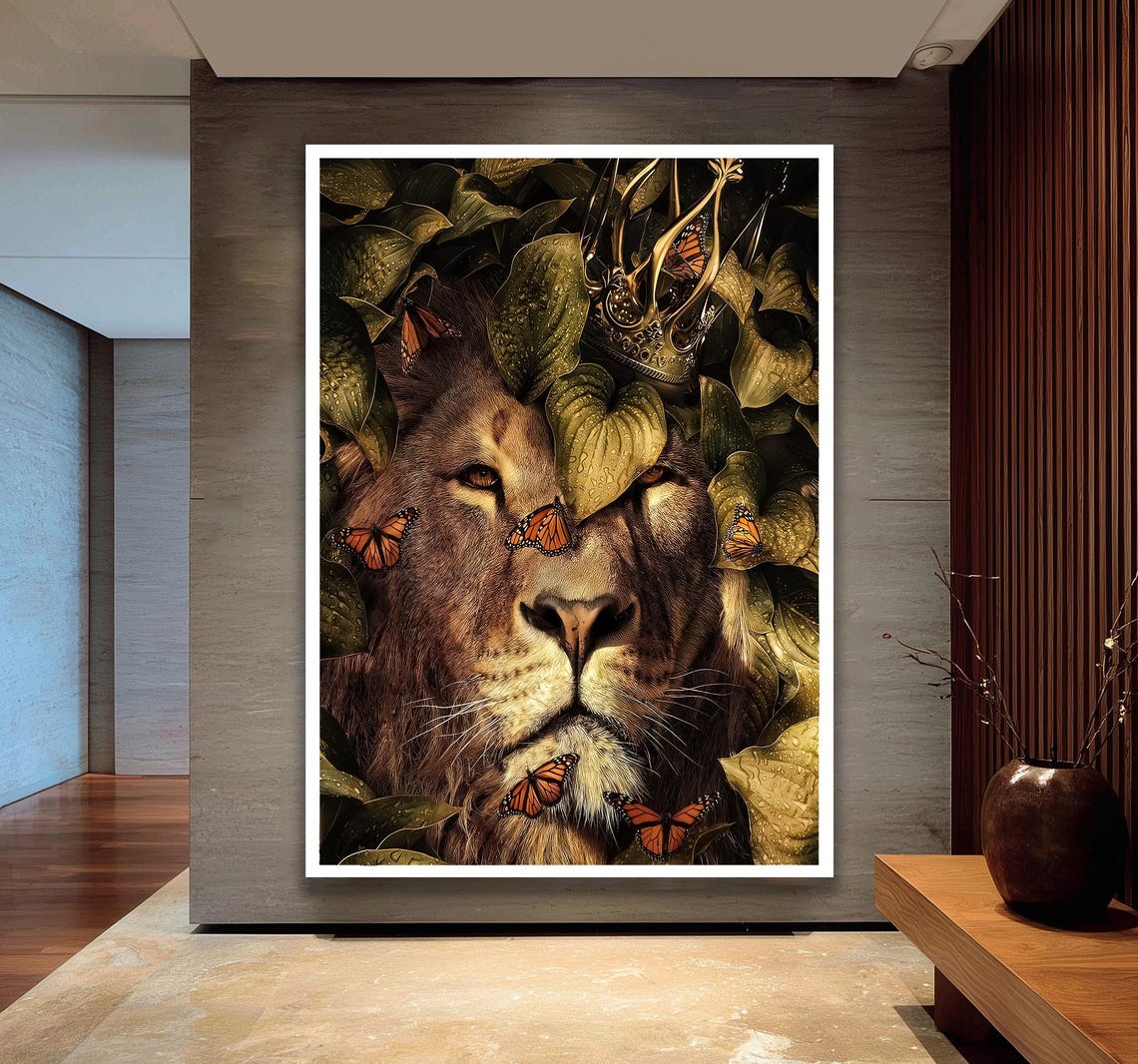 Majestic Crowned Lion in Jungle Leaves With Monarch Butterflies Poster