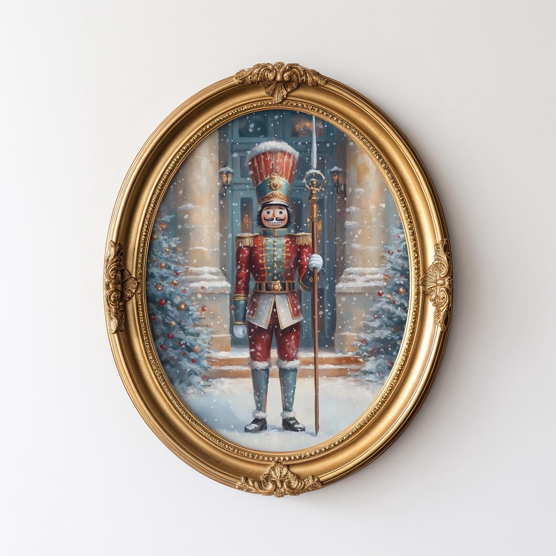 Red Uniform Nutcracker Soldier with Staff in Falling Snow Poster - Image 2