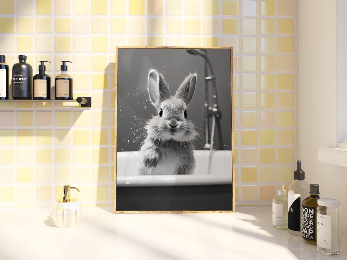 Cute Bunny Taking a Bubble Bath Black and White Bathroom Poster - Image 2