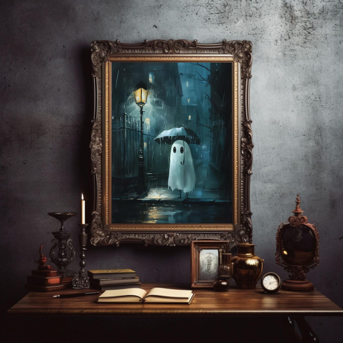 Lonely Ghost With Umbrella On Rainy Night Street Lamp Poster - Image 3