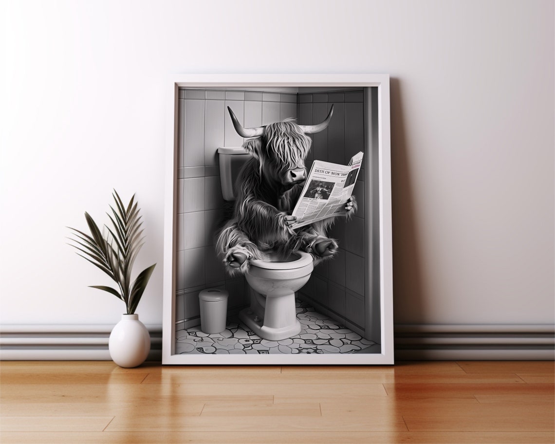 Highland Cow on Toilet Reading Newspaper Funny Bathroom Poster - Image 3