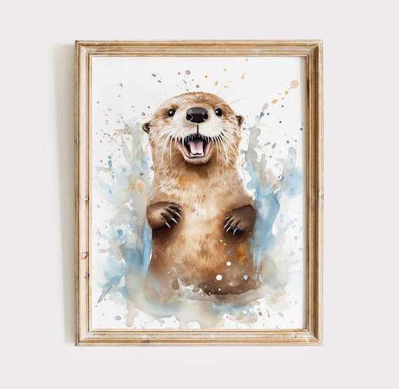 Happy Otter Watercolor Splash Cute Blue Brown Animal Art Poster