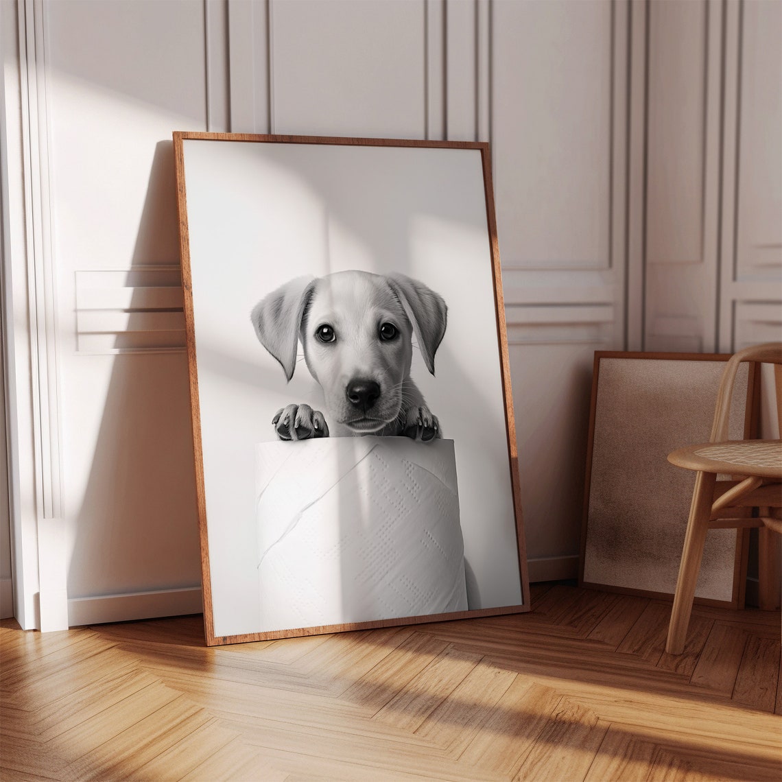 Lab Puppy Peeking Over Toilet Paper Roll Black White Cute Poster - Image 2