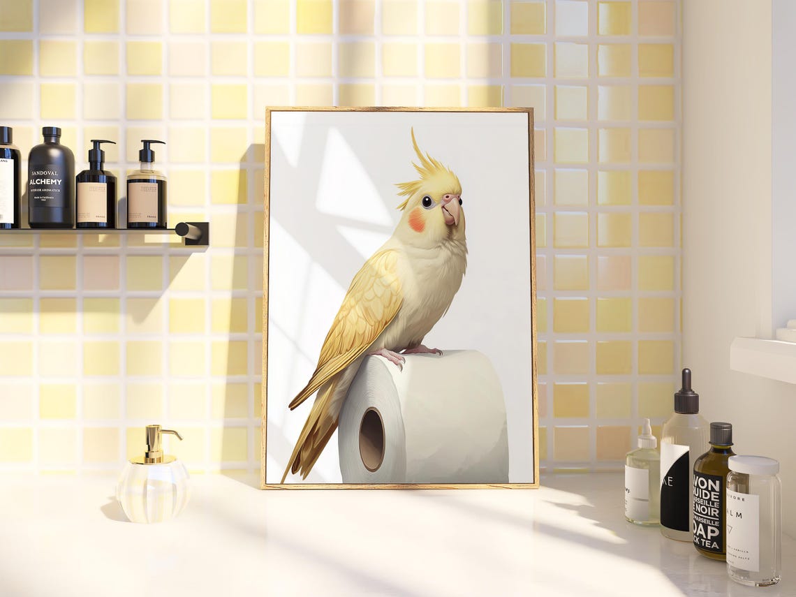 Cute Bright Yellow Cockatiel Perched on a Toilet Paper Roll Poster - Image 2