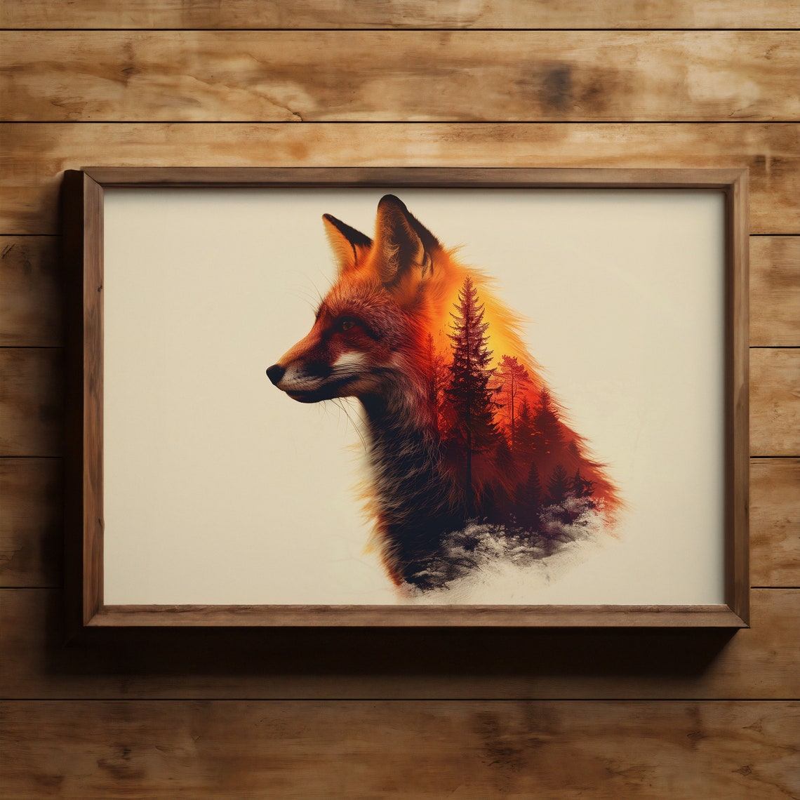 Fox Silhouette Sunset Pine Forest Double Exposure Nature Wall Poster