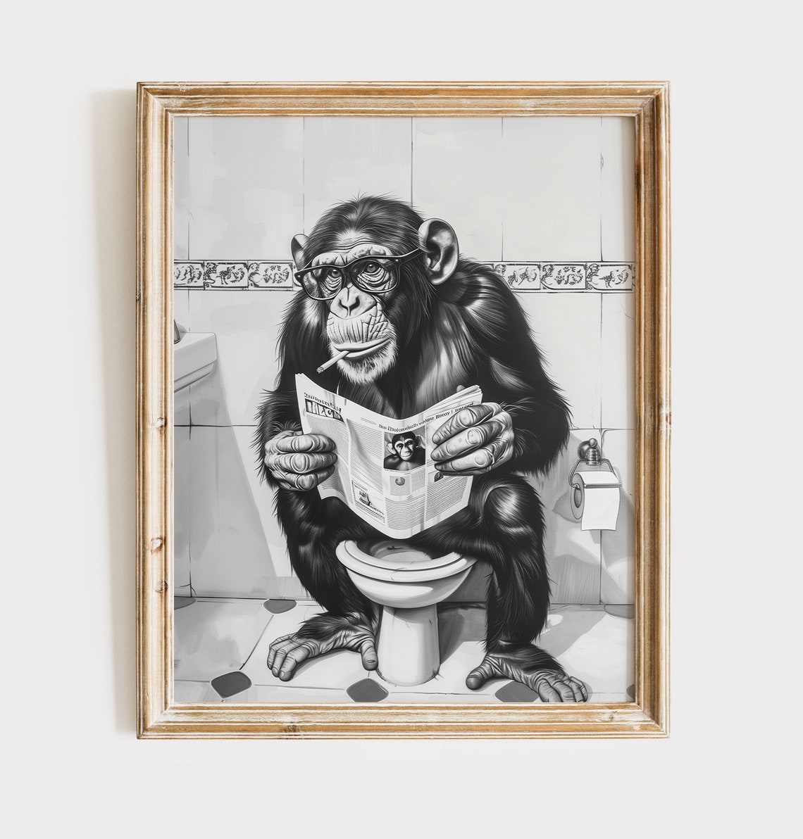 Chimpanzee With Glasses Reading Newspaper Toilet Funny Bathroom Poster