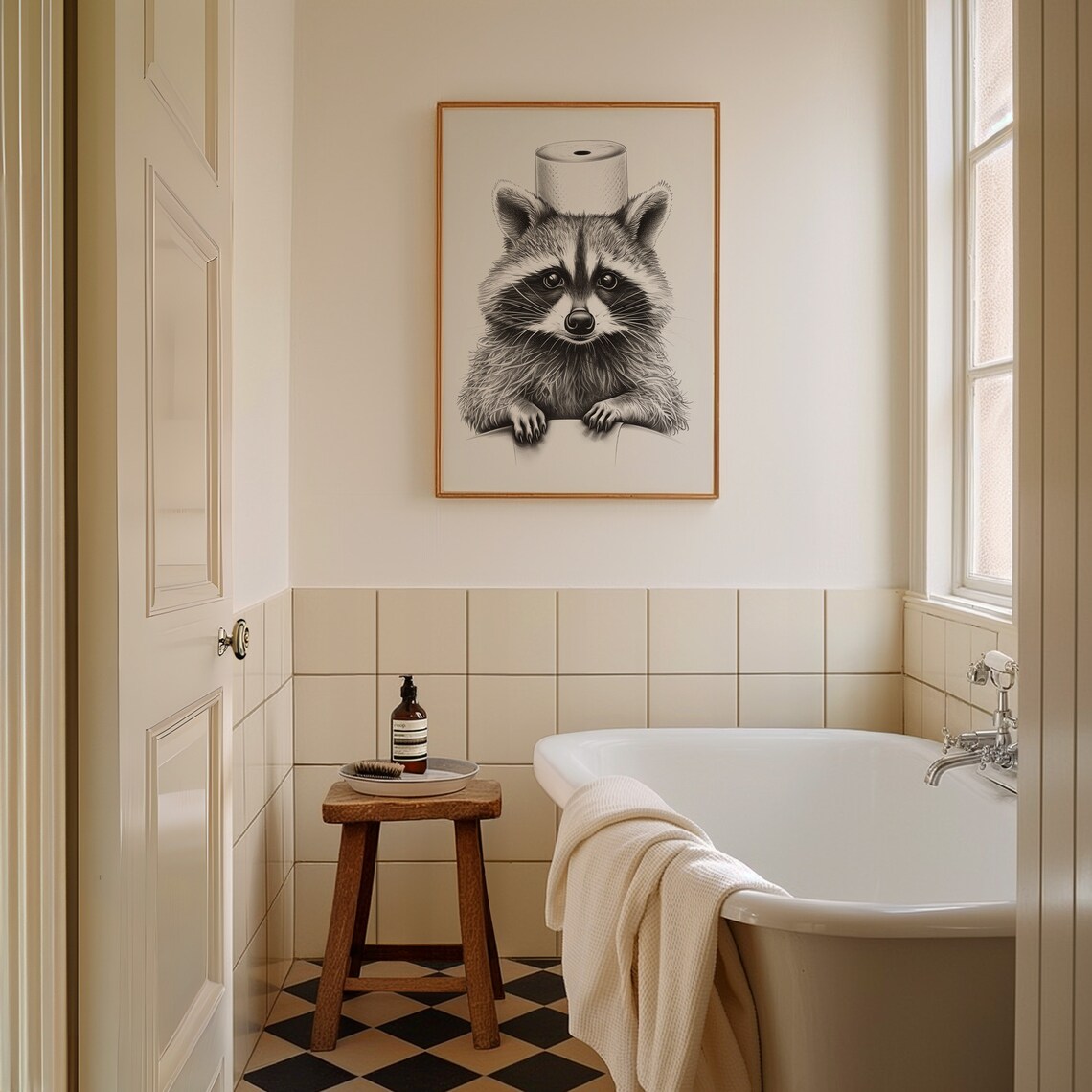 Raccoon Peeking Toilet Paper Roll Hat Sketch Cute Funny Pet Poster - Image 3