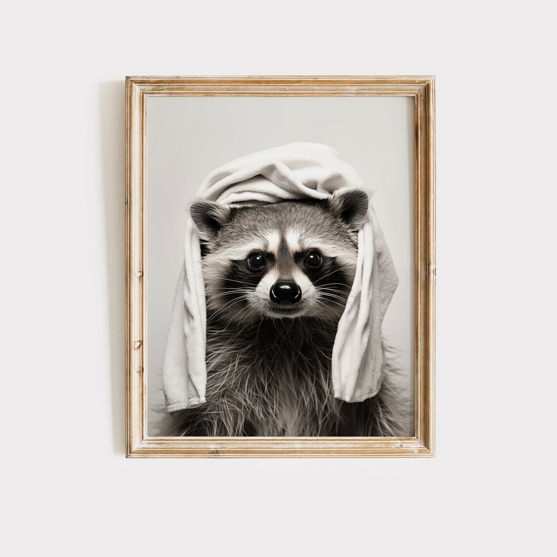 Raccoon With Towel on Head Funny Black White Bathroom Art Poster