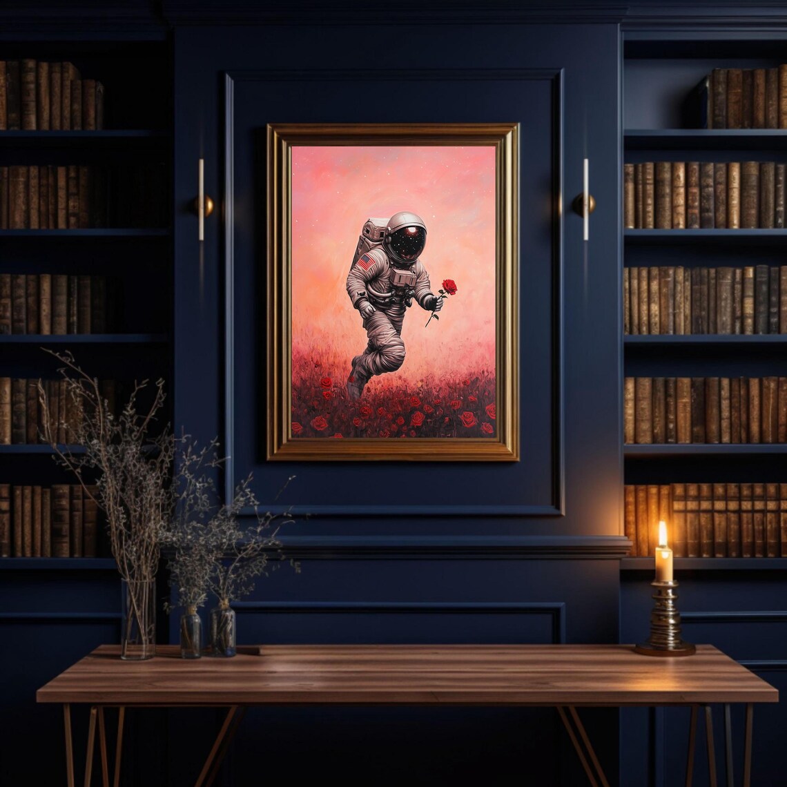 Astronaut Holding Red Rose In Field Of Roses Romantic Space Poster - Image 3