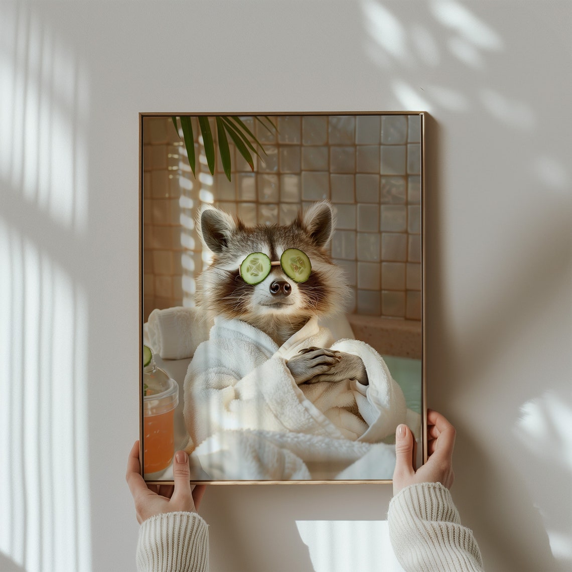 Raccoon Spa Day Bathrobe Cucumber Eyes Funny Relaxing Pet Poster