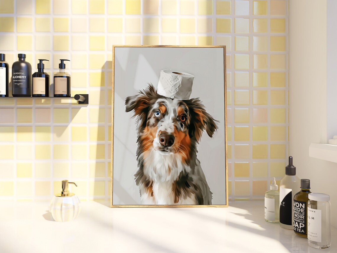 Australian Shepherd Bathroom Art Print, Dog Wall Decor - Image 2