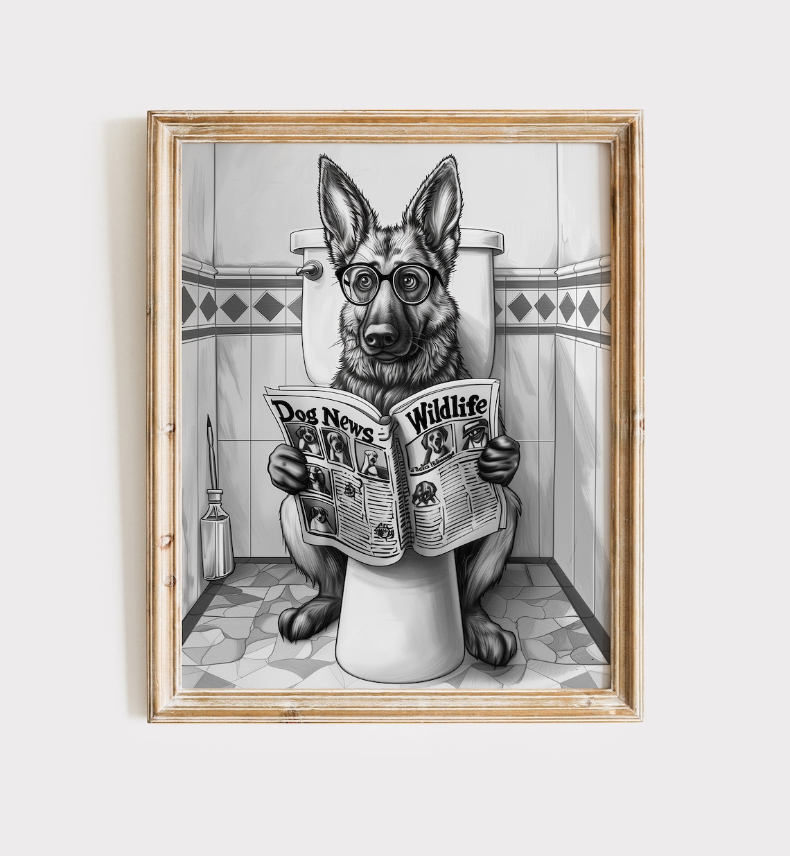 German Shepherd Glasses Reading Dog News Toilet Funny Bathroom Poster