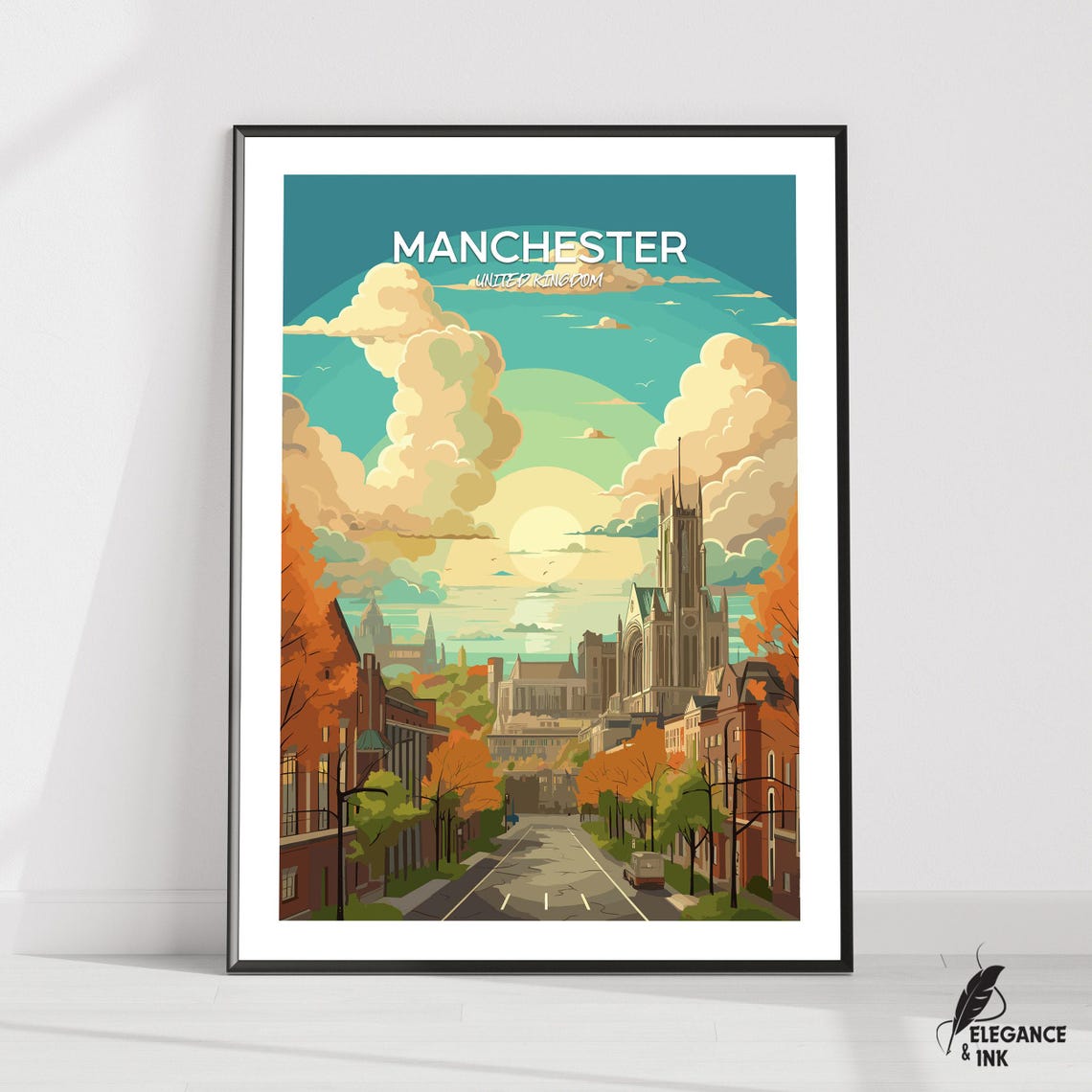 Manchester UK Autumn Cathedral Street Sunset Vintage Travel Poster