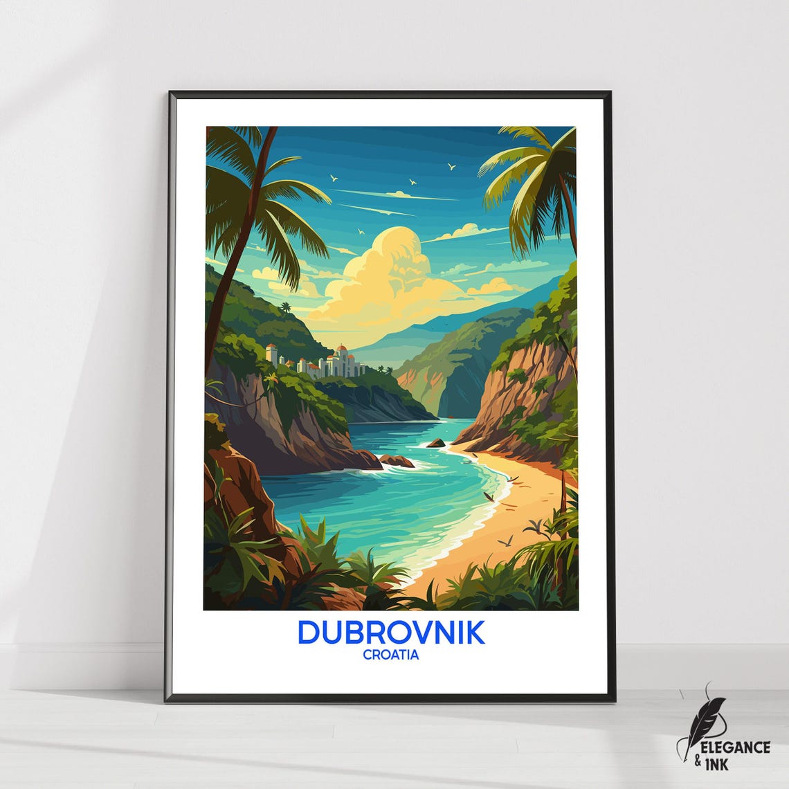 Dubrovnik Croatia Coastal Town Retro Travel Illustration Poster