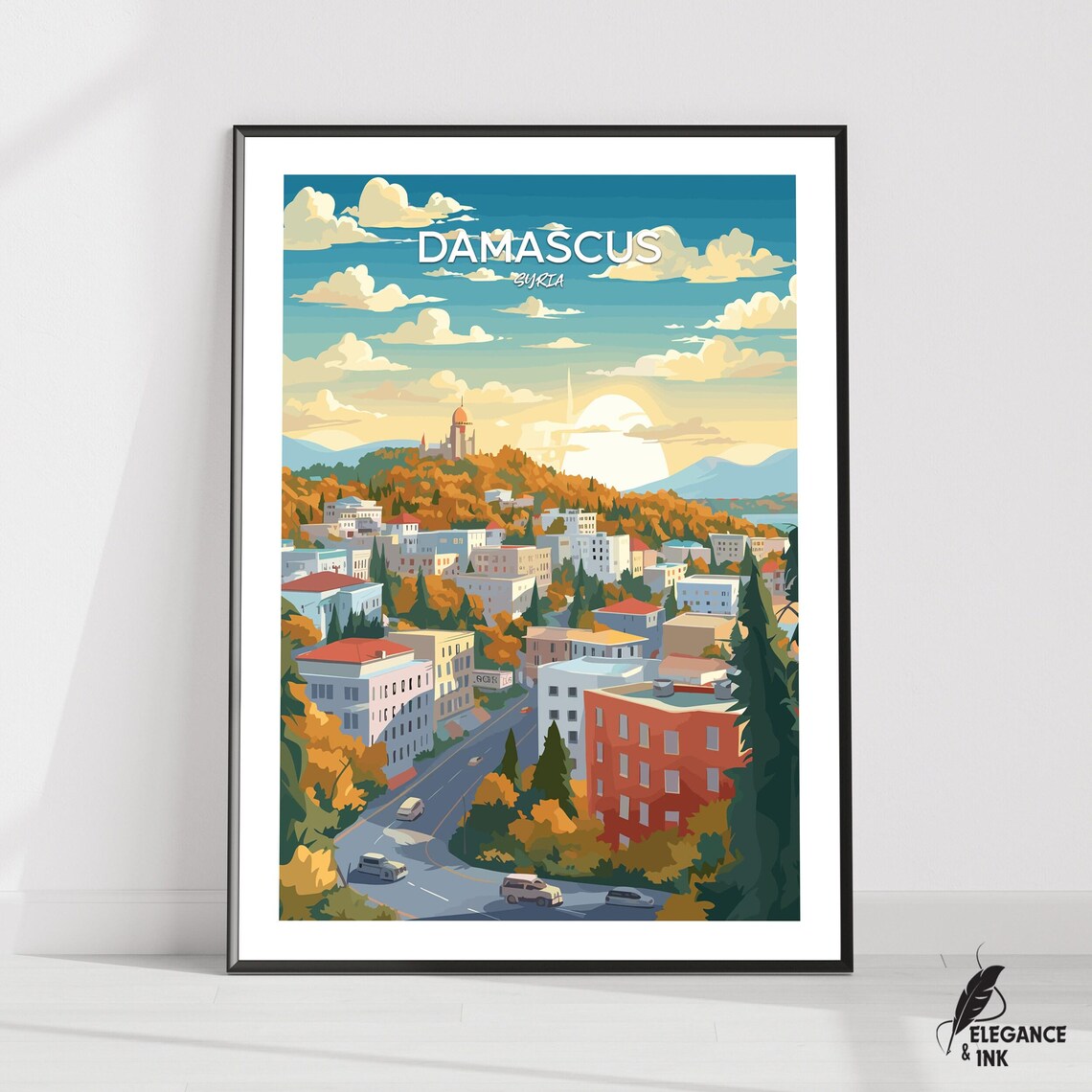 Damascus Syria Sunrise Hillside Old City Retro Travel Poster