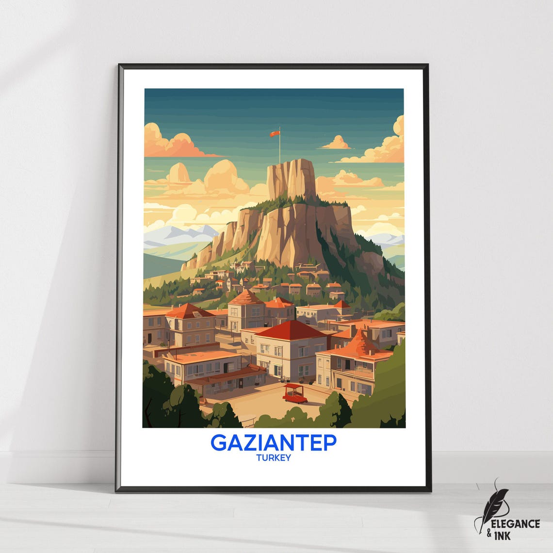 Gaziantep Turkey Rock Castle Hill Old Town Vector Travel Poster