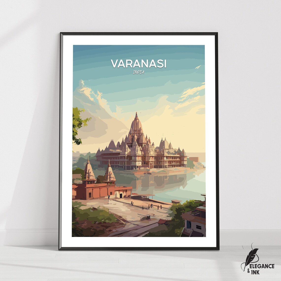 Varanasi India Riverside Temple Ghats Vintage Travel Gift Poster