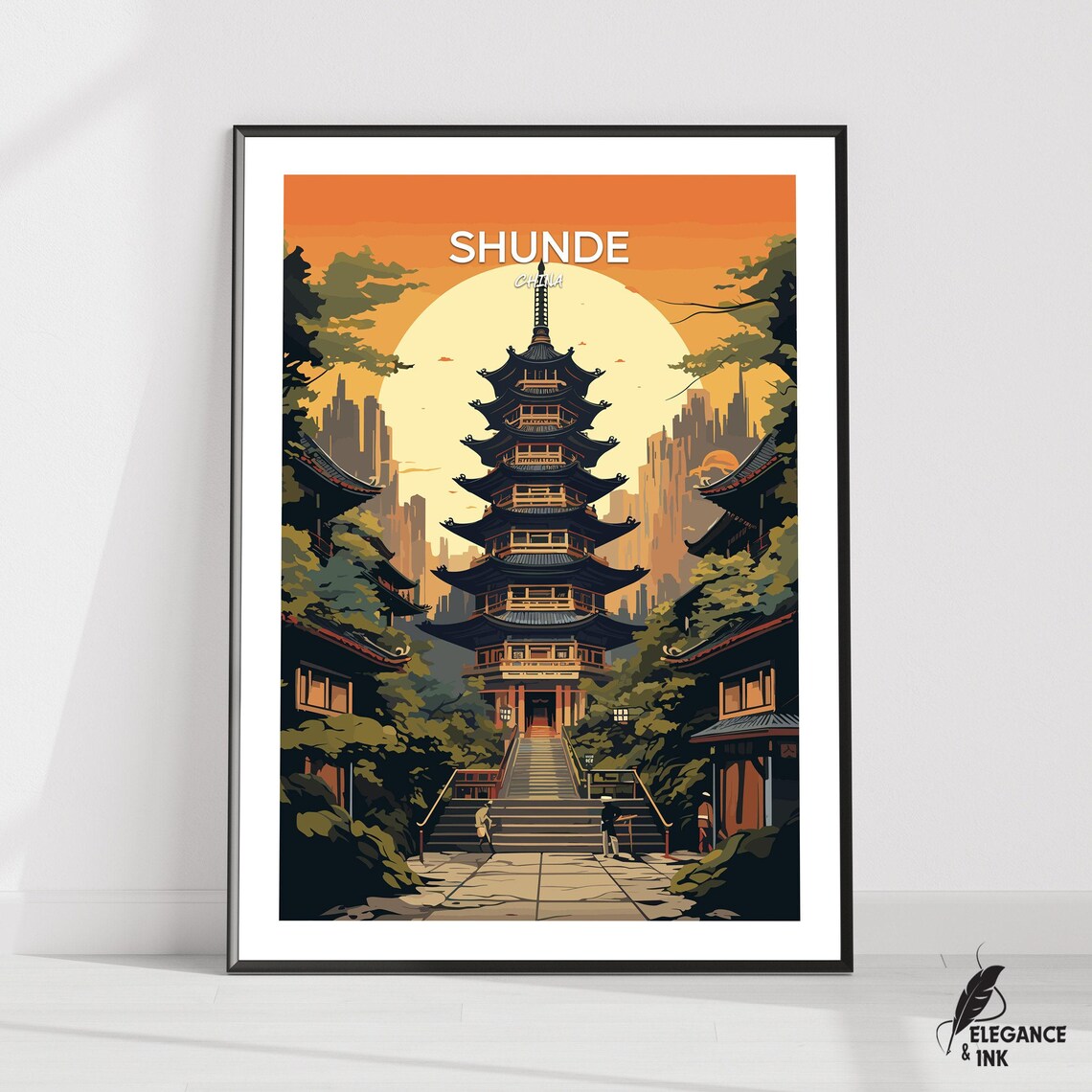 Shunde China Sunset Pagoda Vintage Travel Illustration Poster