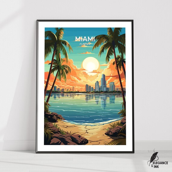 Miami Florida Sunset Beach Palms Bay Skyline Illustration Poster