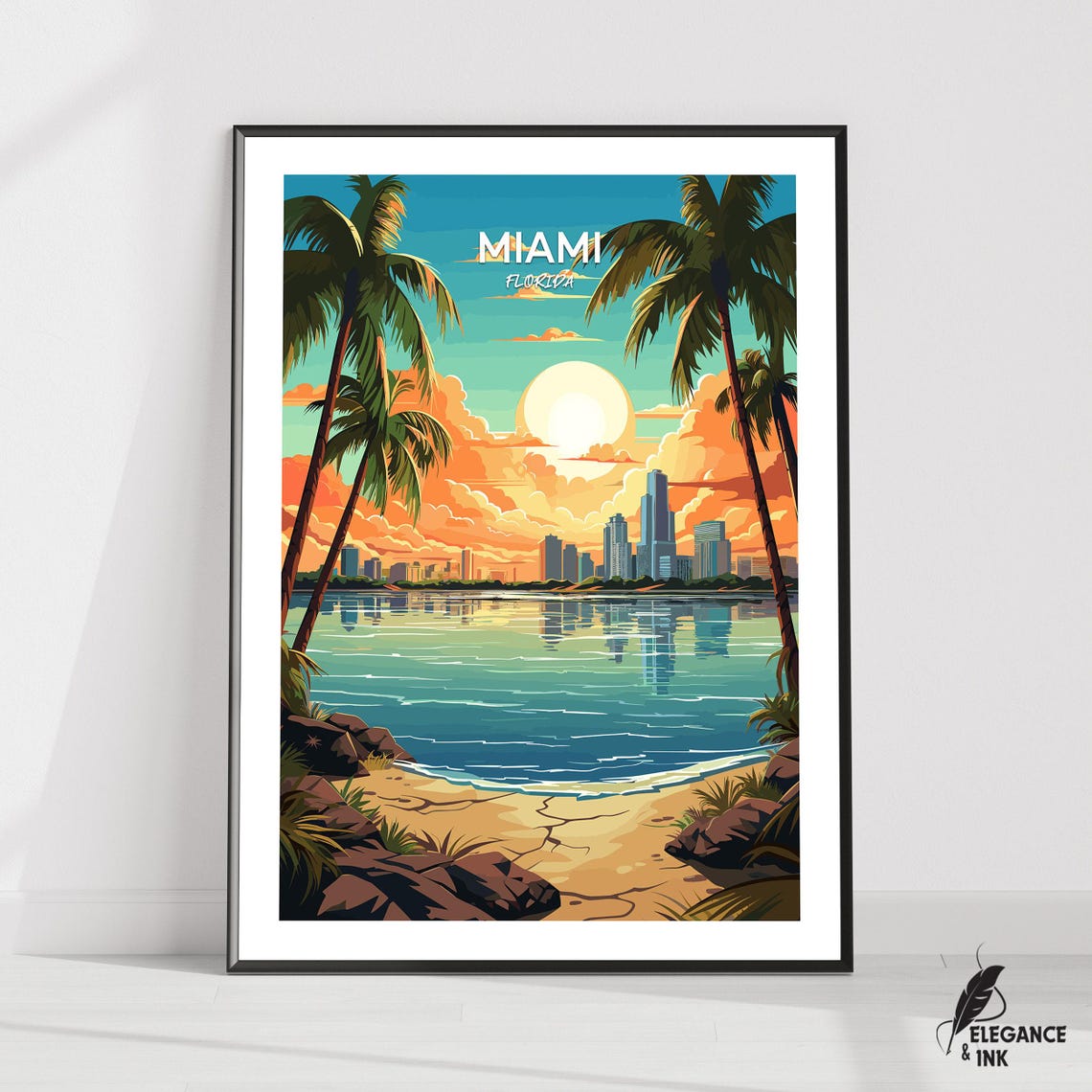 Miami Florida Sunset Beach Palms Bay Skyline Illustration Poster