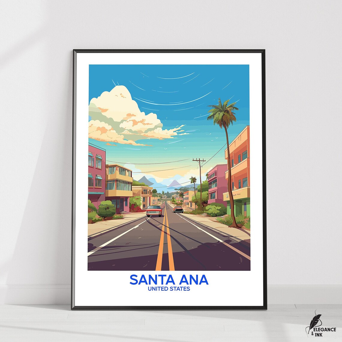 Santa Ana Sunny Downtown Street Scene Flat Vector Travel Poster