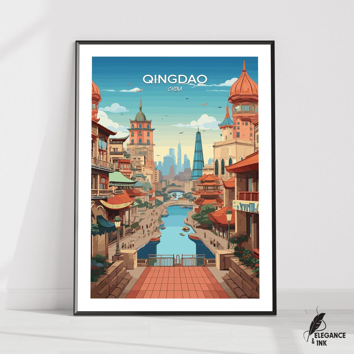 Scenic Qingdao China Old Town Canal Vintage Travel Poster Artwork