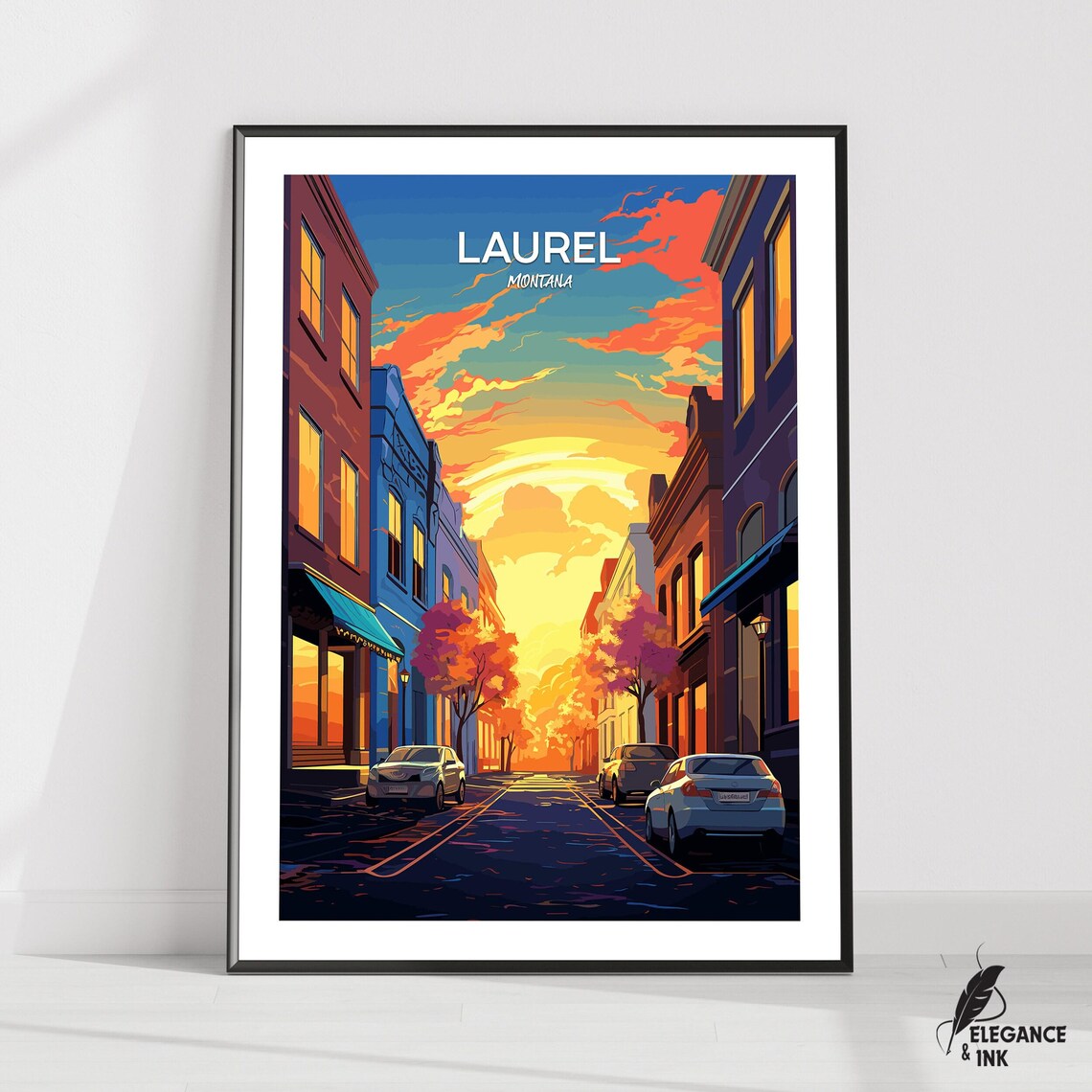 Laurel Montana Main Street Sunset Vintage Travel Illustration Poster