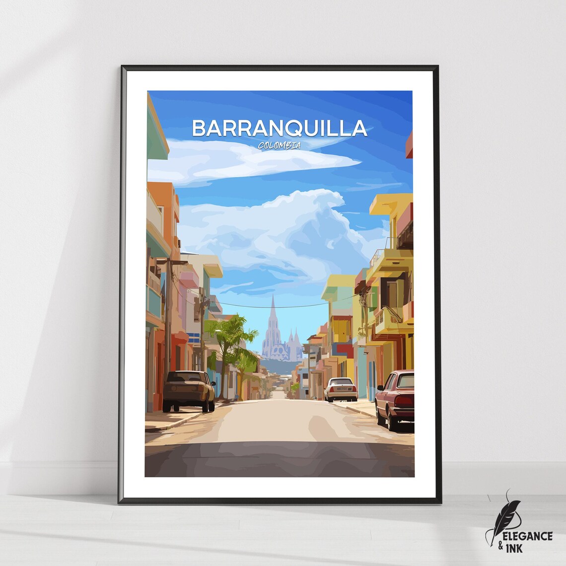 Barranquilla Colombia Colorful Street Cathedral Travel Poster
