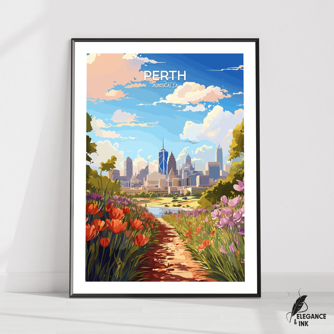 Perth Australia Skyline Tulip Flower Path Vintage Travel Poster