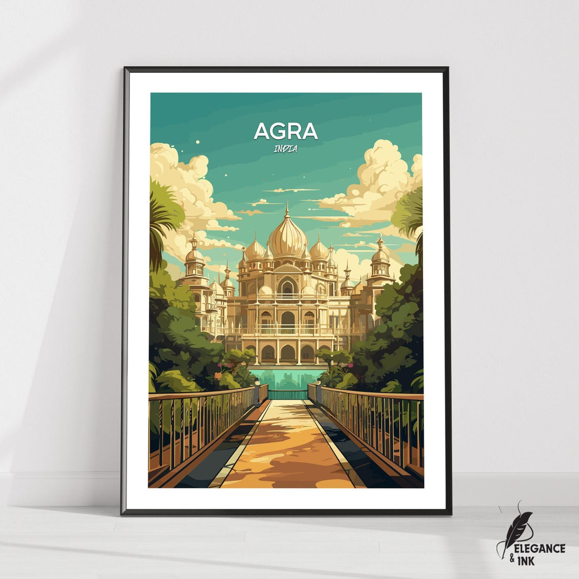 Agra India Palace Garden Sunset Glow Retro Vintage Travel Poster