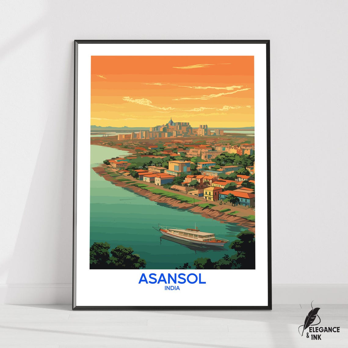 Asansol India Riverside City Golden Sunset Vintage Travel Poster
